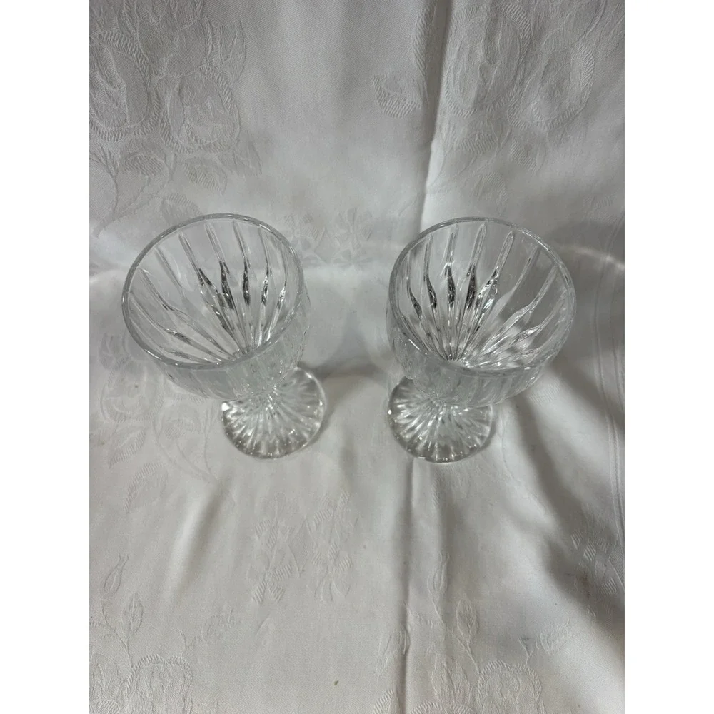 Set of 2 Clear Cut Glass Stemmed Wine Glass Goblets, Two-Piece Set